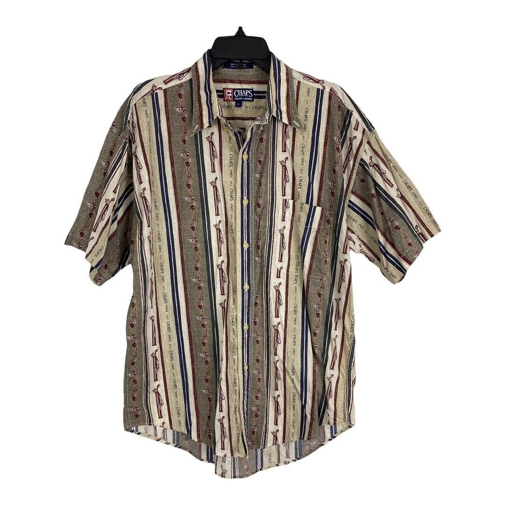 Chaps Ralph Lauren Mens Shirt Button Up Size Large Brown Gold Short Sleeve